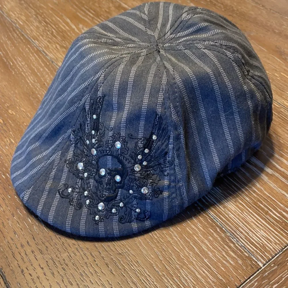 Dark and Light Gray Striped Newsboy Hat with Skull and Wings
